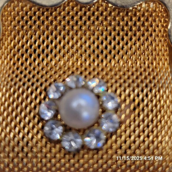 Mesh Purse Miniature Pill Coin Box Doll Gold Tone Jeweled Rhinestones 2" - Picture 2 of 9